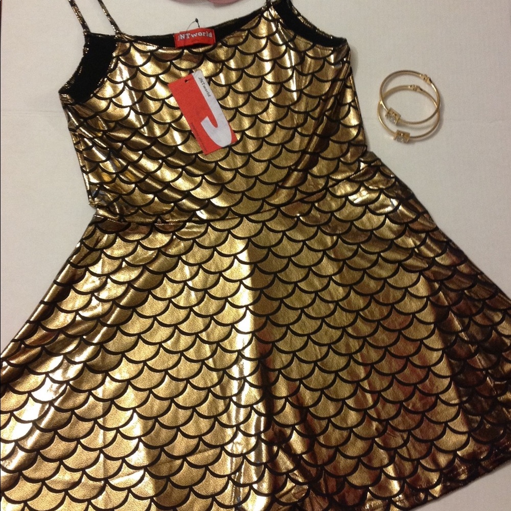 HALLOWEEN COSPLAY FUN Gold Metallic Mermaid Dragon Scale A line Flirty Dress NWT - Picture 6 of 8